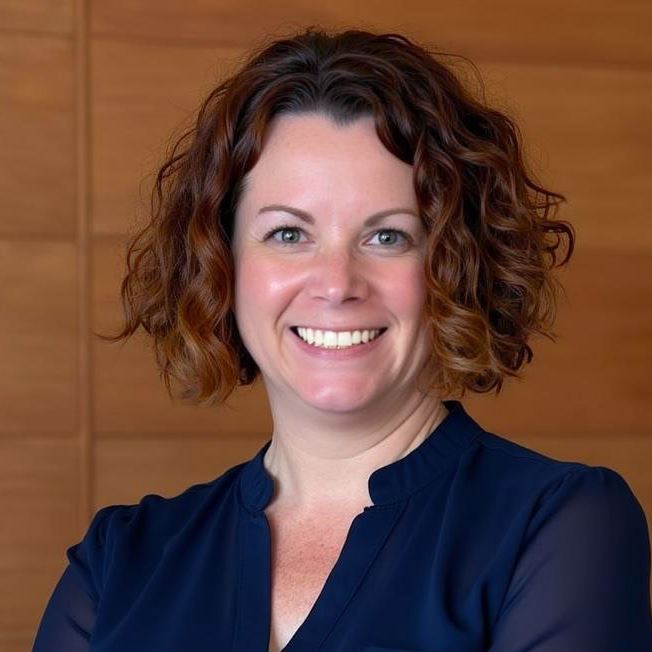 An headshot photo of a white woman with chin length curly red hair smiling