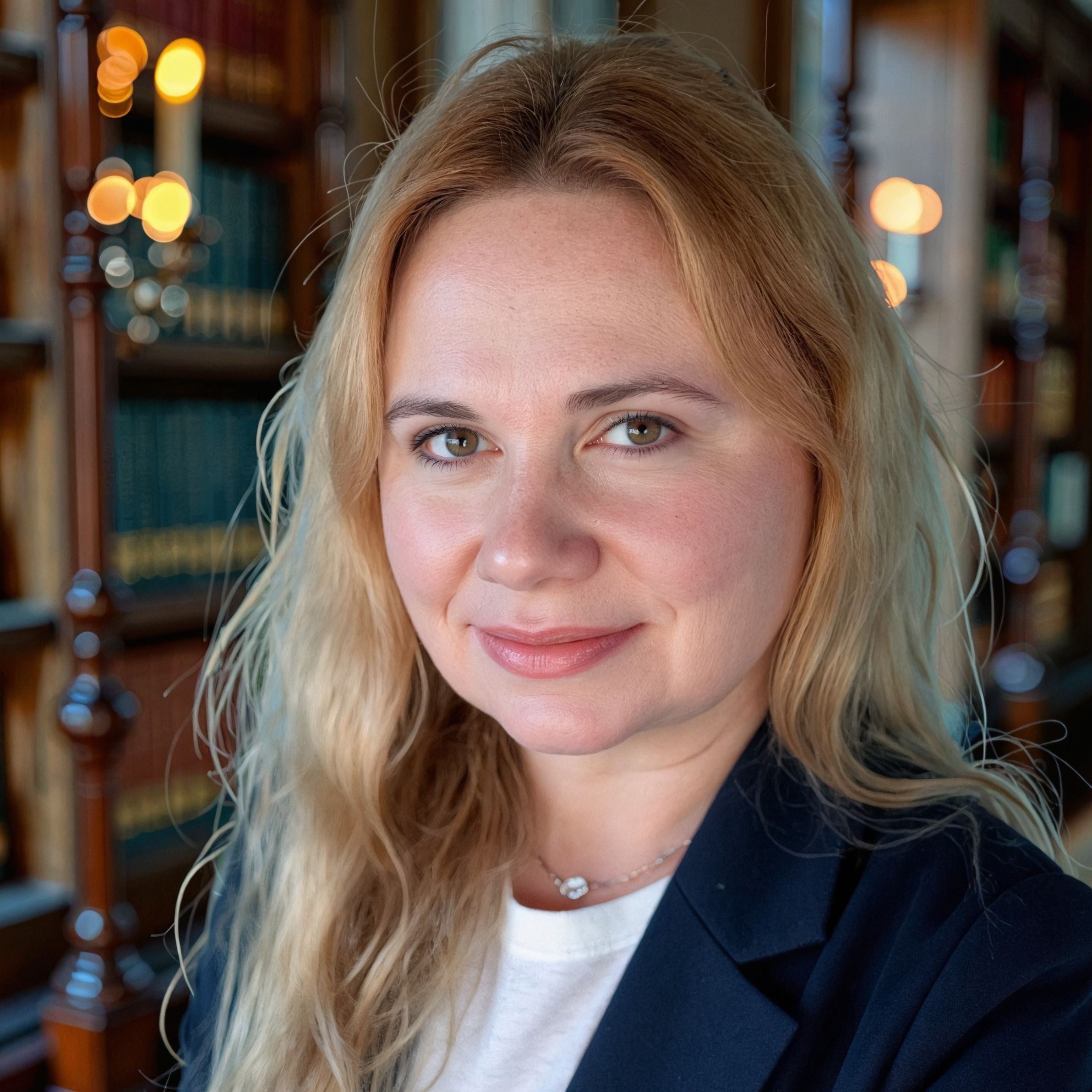 An headshot photo of a white woman with long wavy blond hair smiling