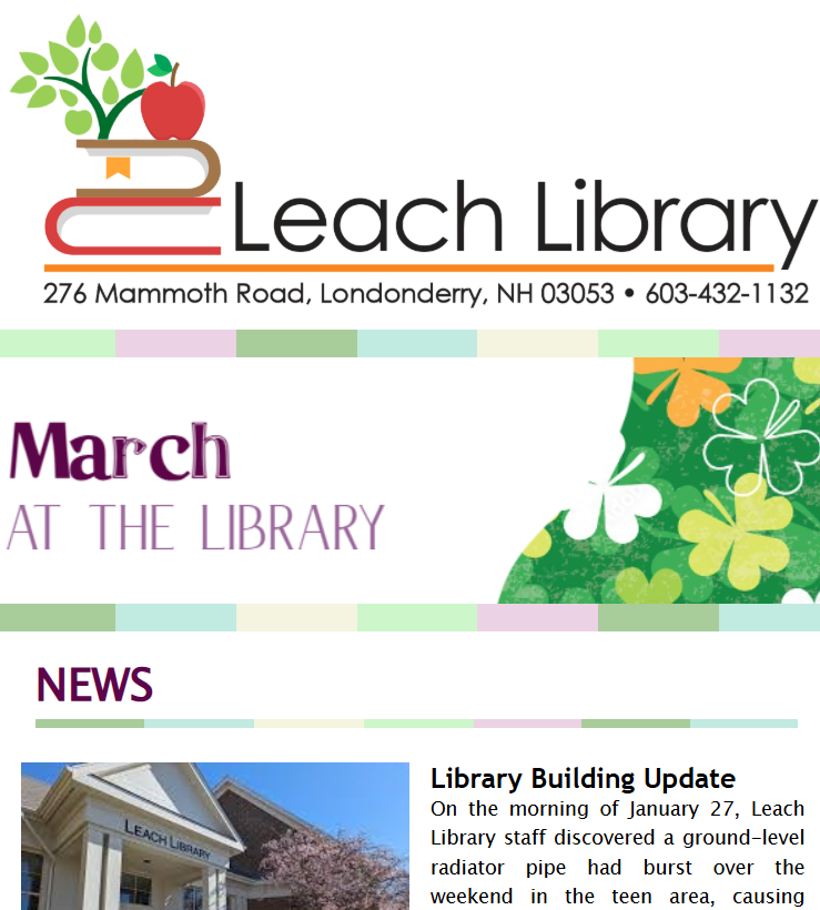 Screenshot of Leach Library's March 2026 newsletter